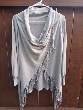 Cage Gray Draped Cowl Neck Fringe Asymmetrical Sweater Size S
